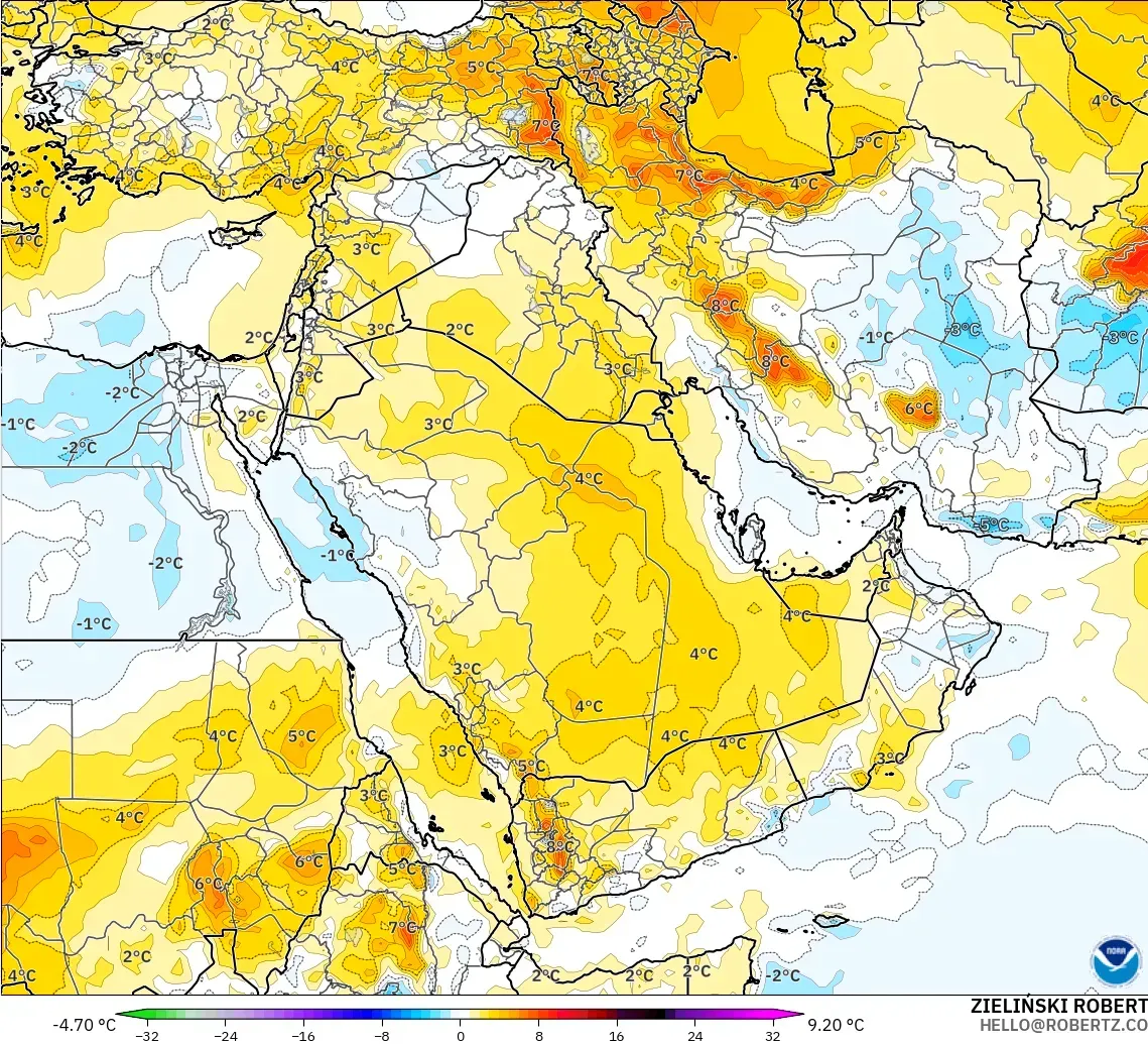 GFS загвар - Ойрх Дорнод, 850 hPa Температурын Хазайлт