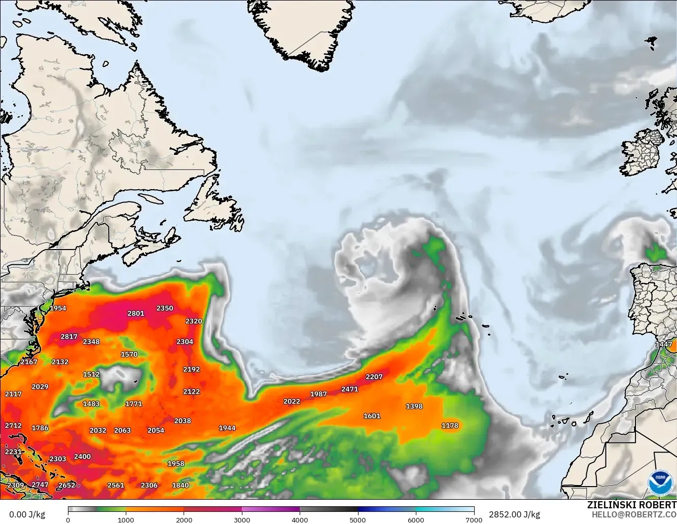GFS загвар - Хойд Атлантик, CAPE