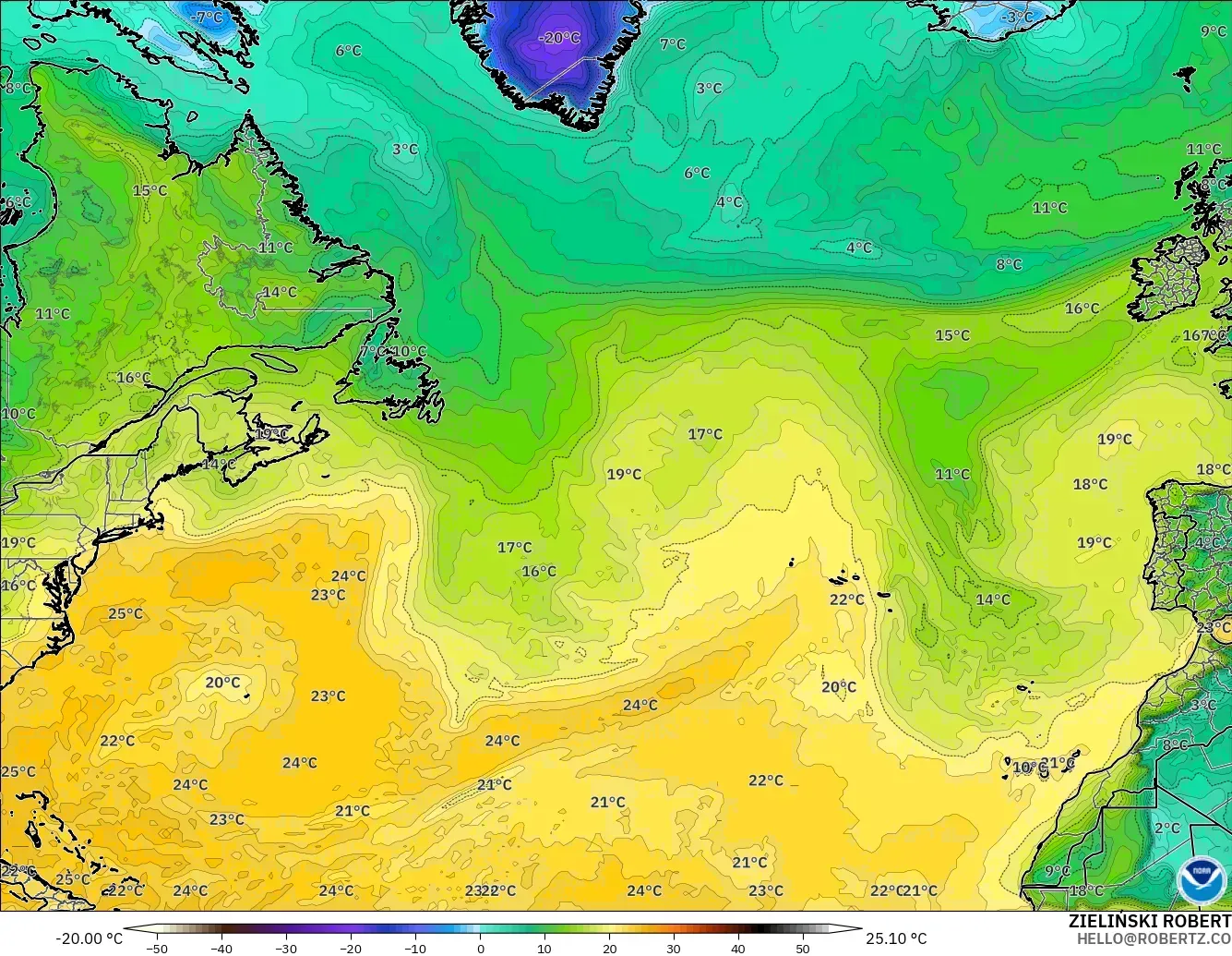 GFS загвар - Хойд Атлантик, Цэгийн Чийг 2 м