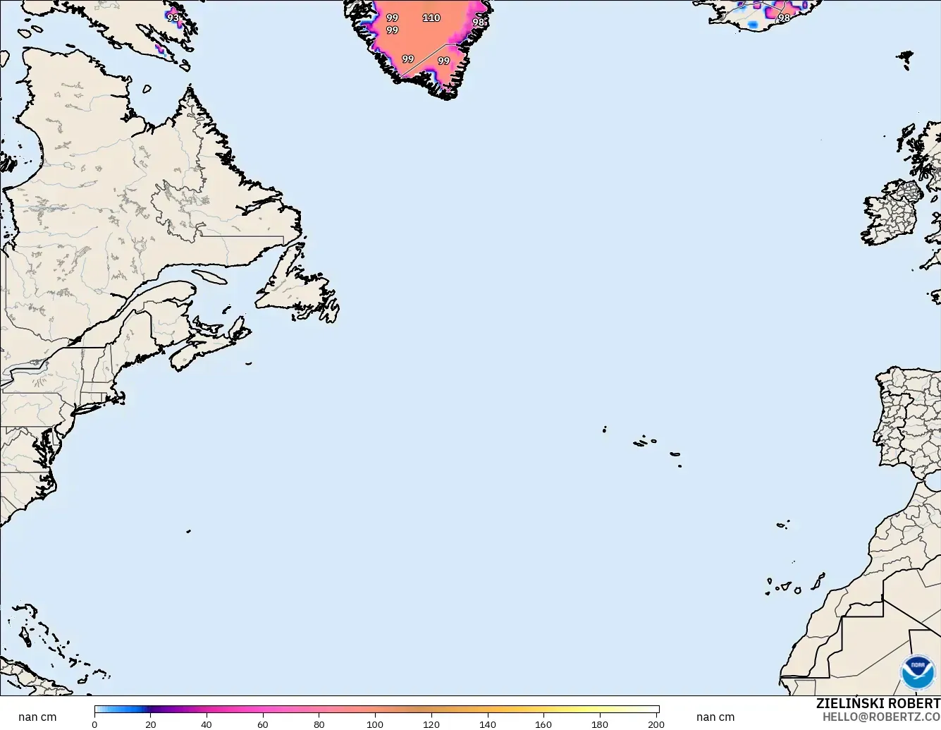 GFS загвар - Хойд Атлантик, Цасны Зузаан