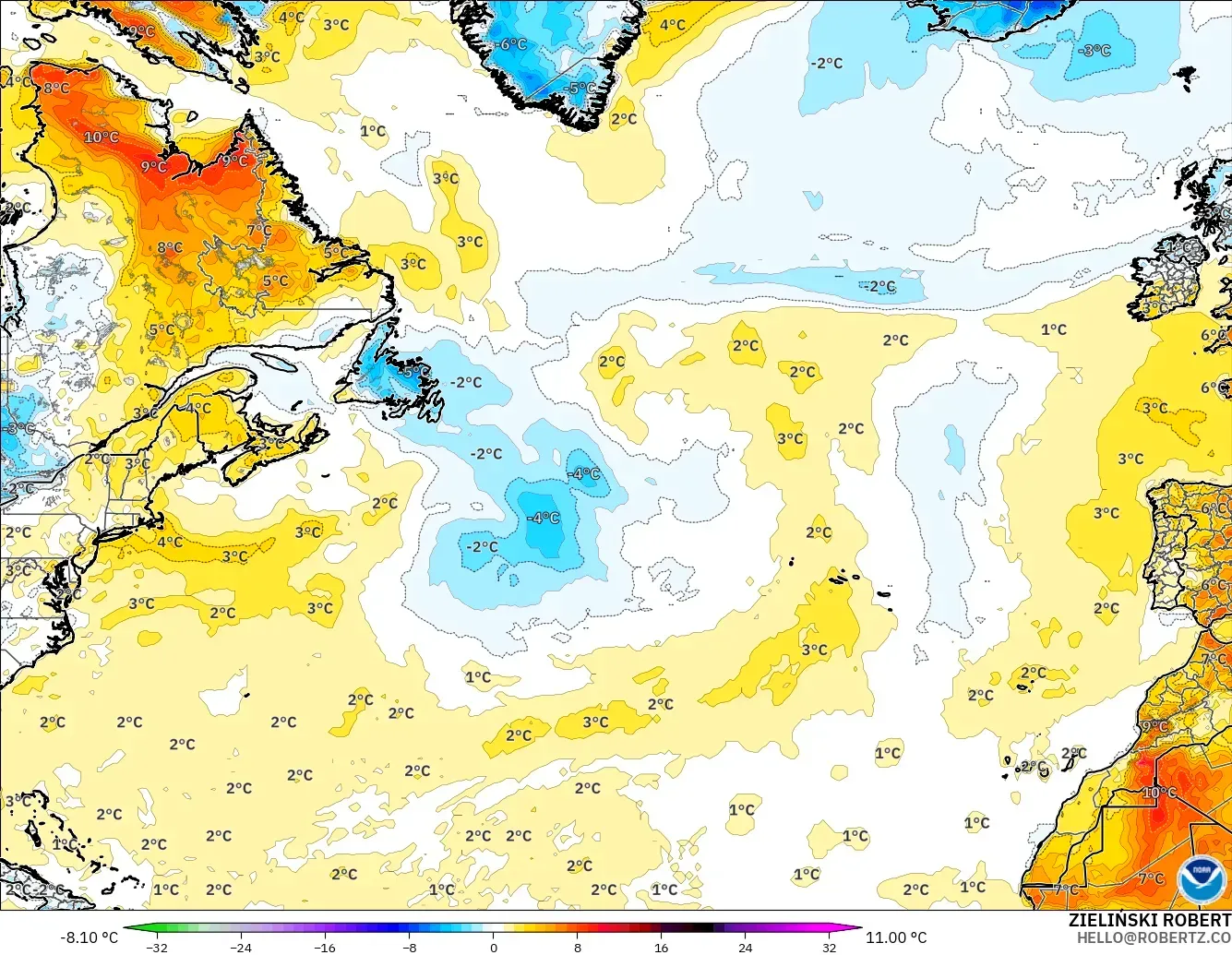 GFS загвар - Хойд Атлантик, 2 м Температурын Хазайлт