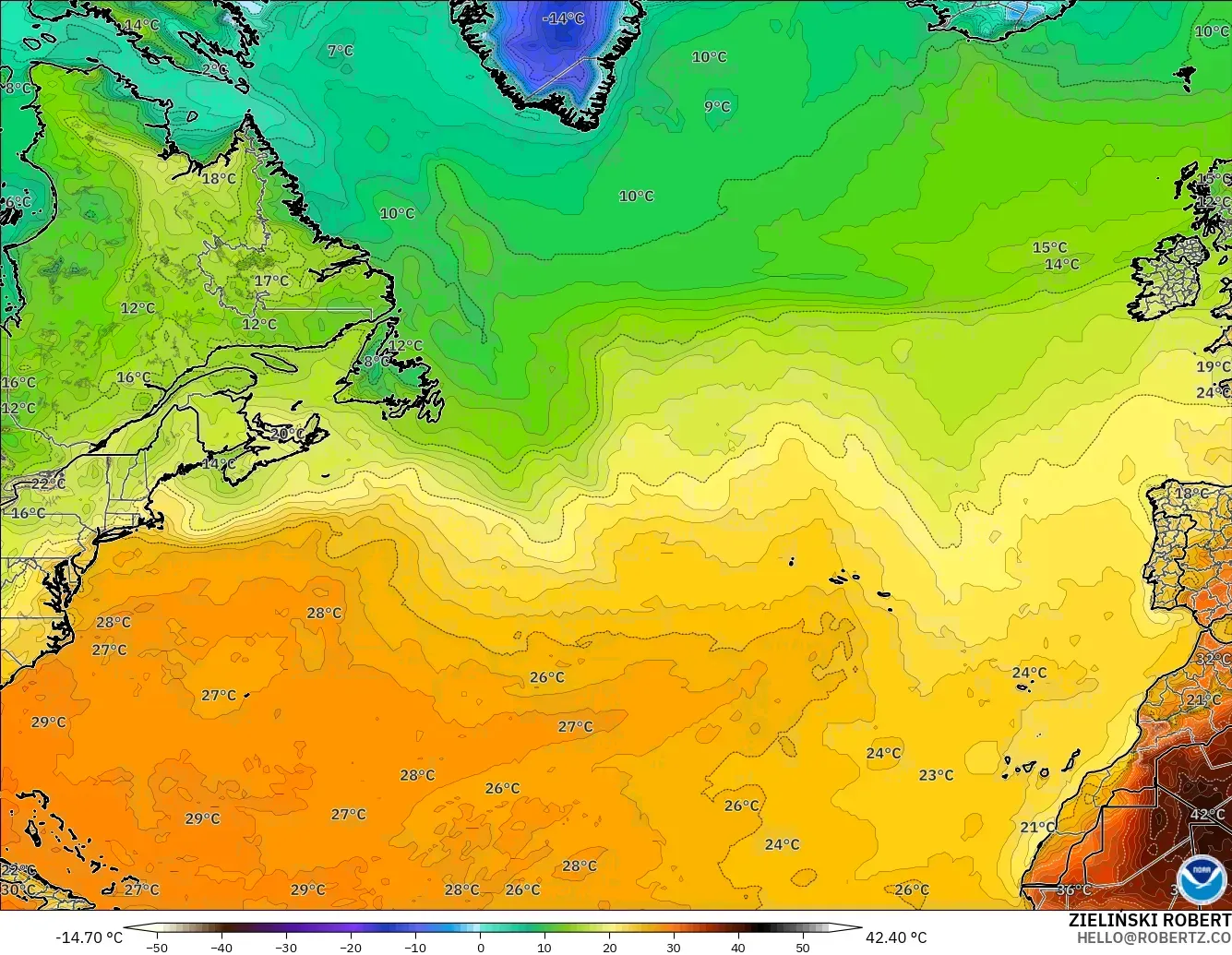 GFS загвар - Хойд Атлантик, Температур 2 м