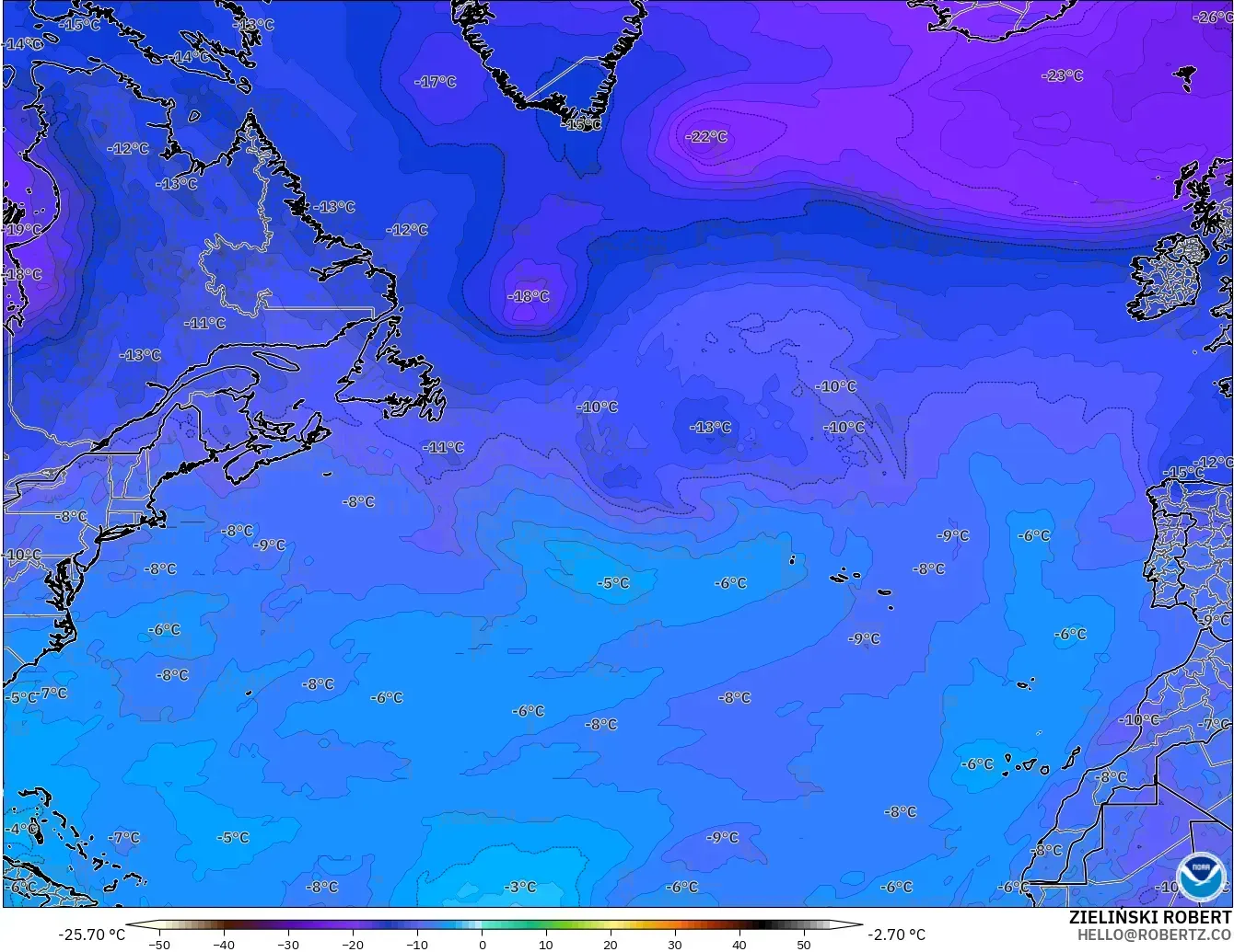 GFS загвар - Хойд Атлантик, Температур 500 hPa