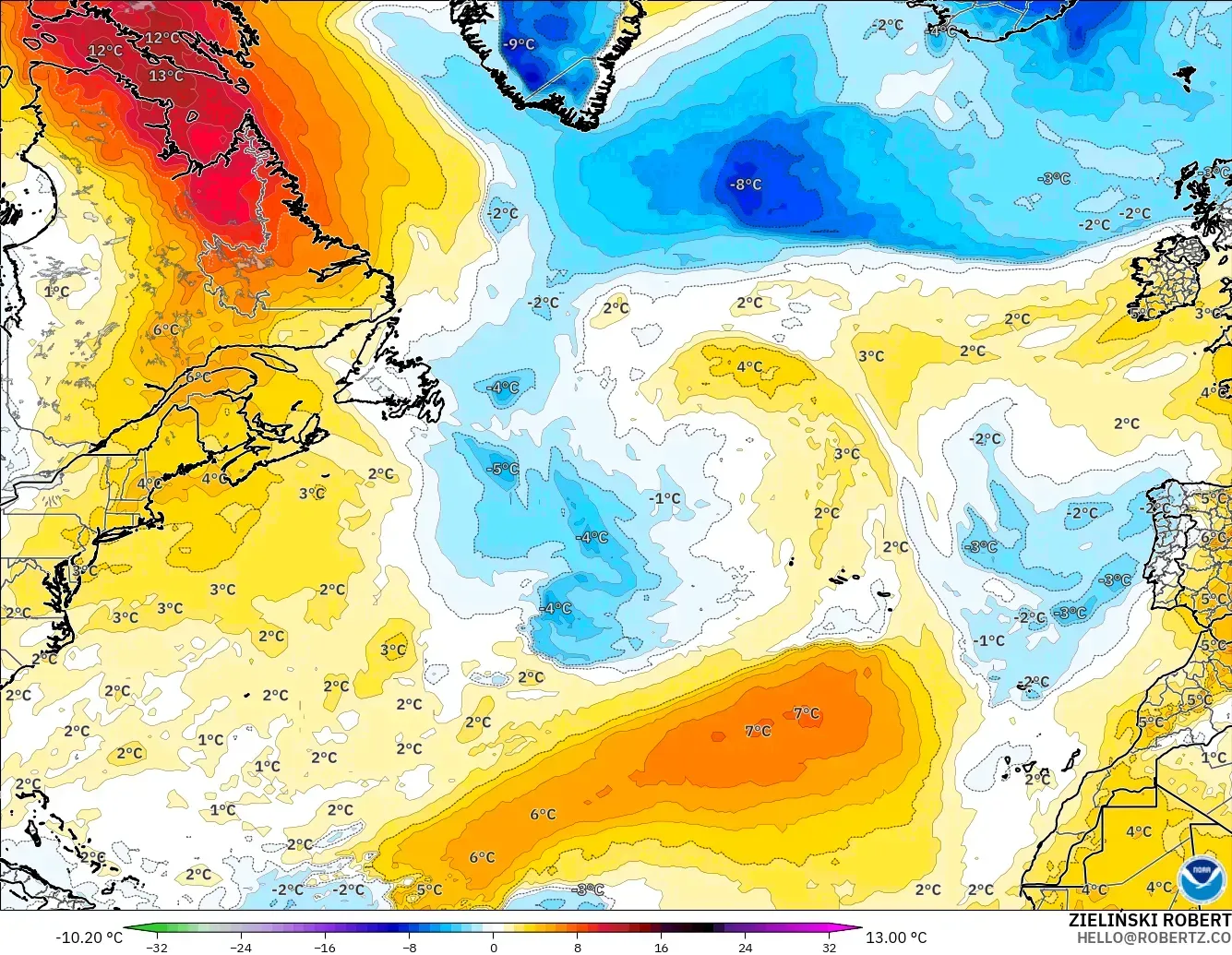 GFS загвар - Хойд Атлантик, 850 hPa Температурын Хазайлт