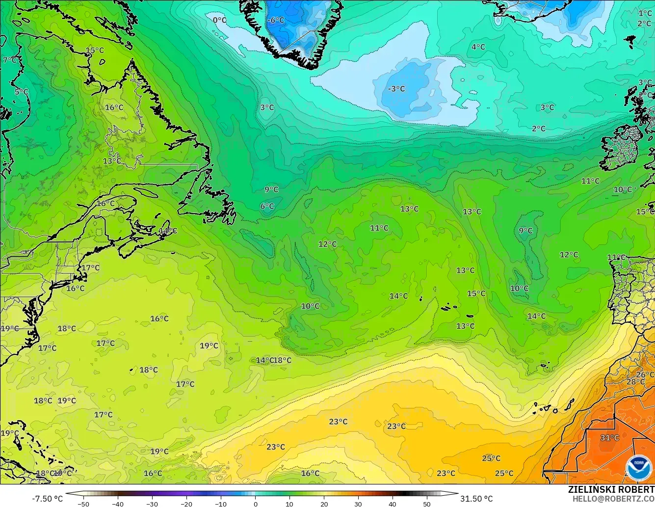 GFS загвар - Хойд Атлантик, Температур 850 hPa