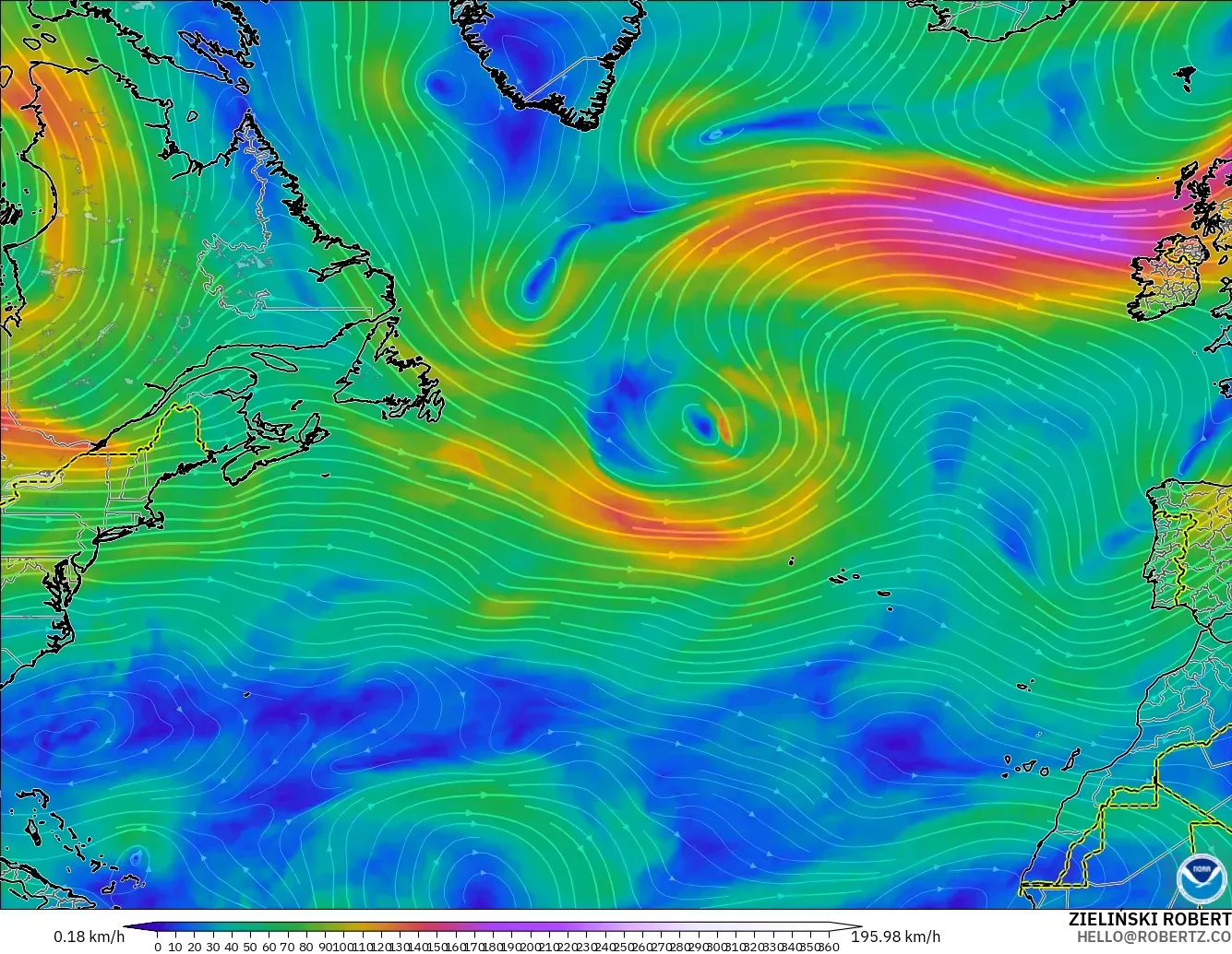 GFS загвар - Хойд Атлантик, Салхи 300 hPa (түншил)