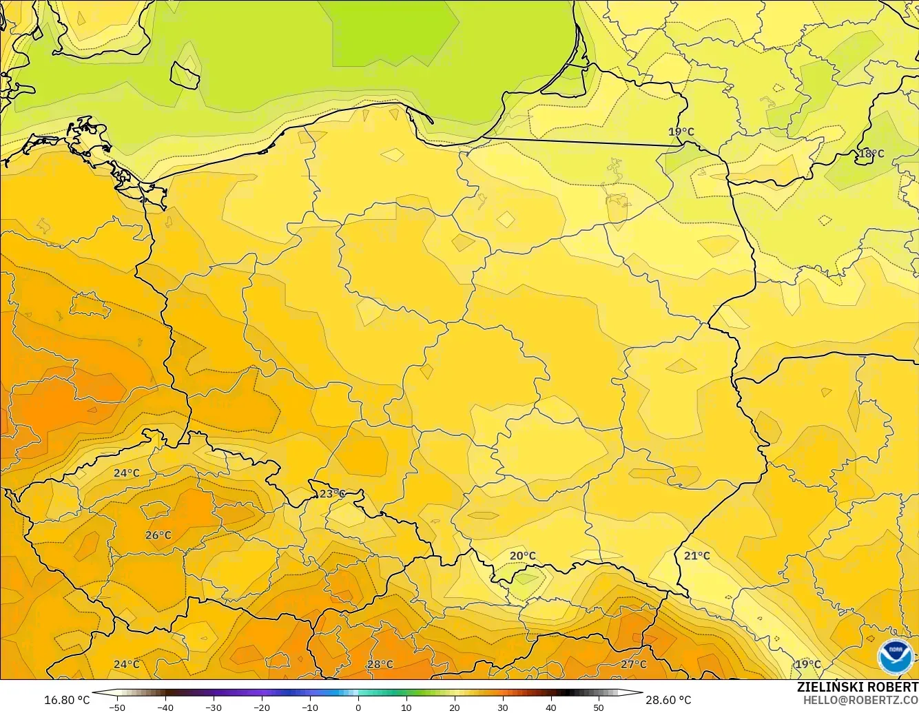 GFS загвар - Польш, Температур 2 м