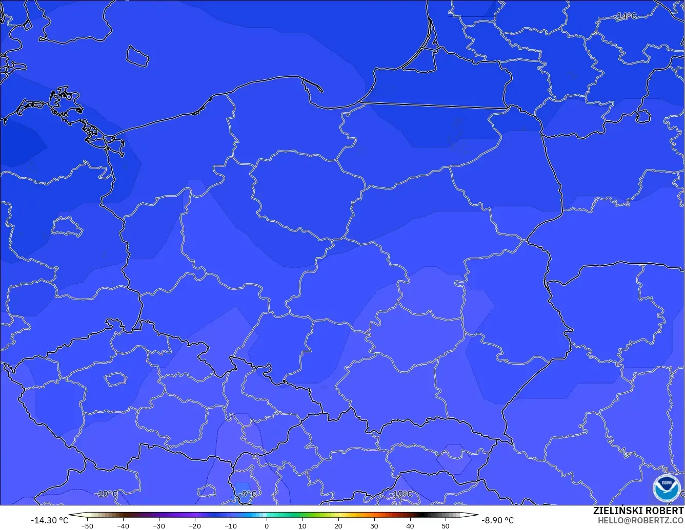 GFS загвар - Польш, Температур 500 hPa