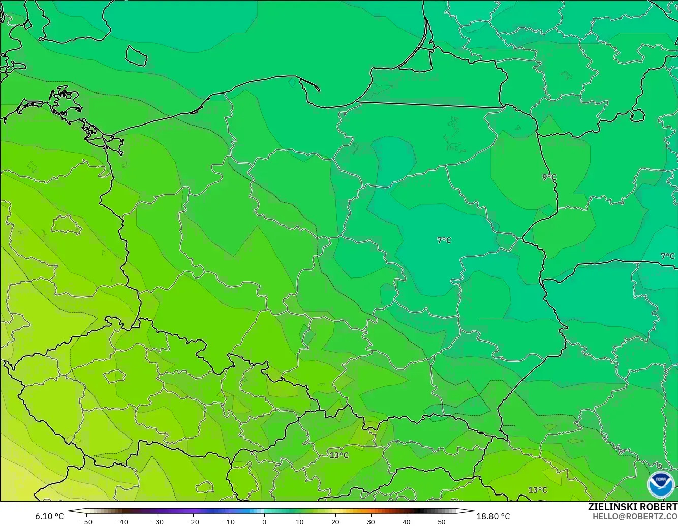 GFS загвар - Польш, Температур 850 hPa