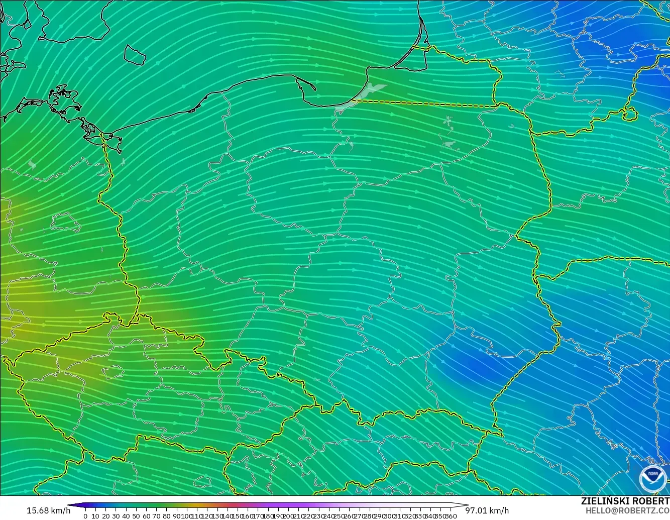 GFS загвар - Польш, Салхи 300 hPa (түншил)
