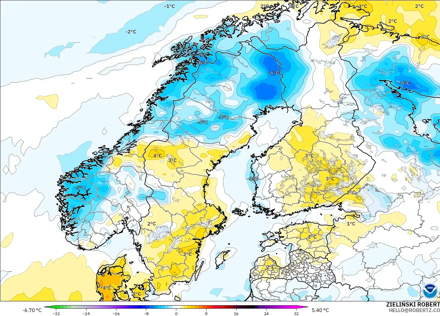 GFS загвар - Скандинав, 2 м Температурын Хазайлт