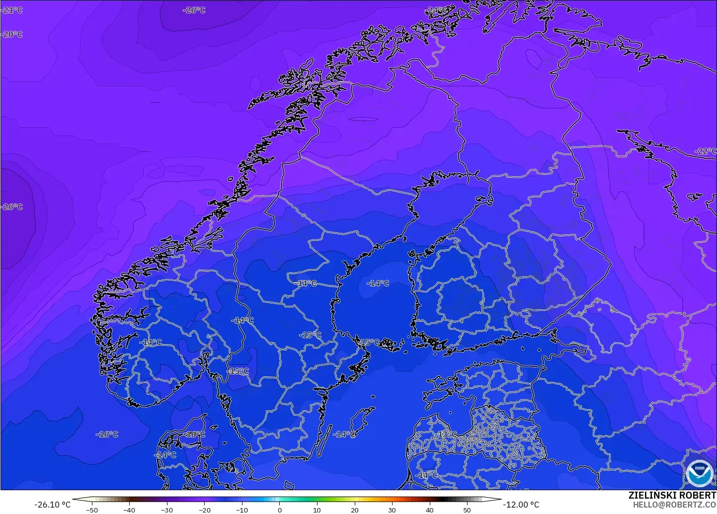 GFS загвар - Скандинав, Температур 500 hPa