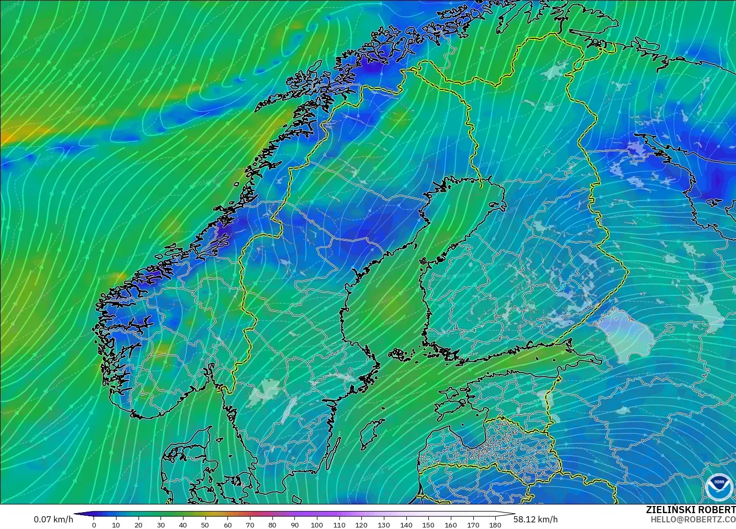 GFS загвар - Скандинав, Салхи 10 м