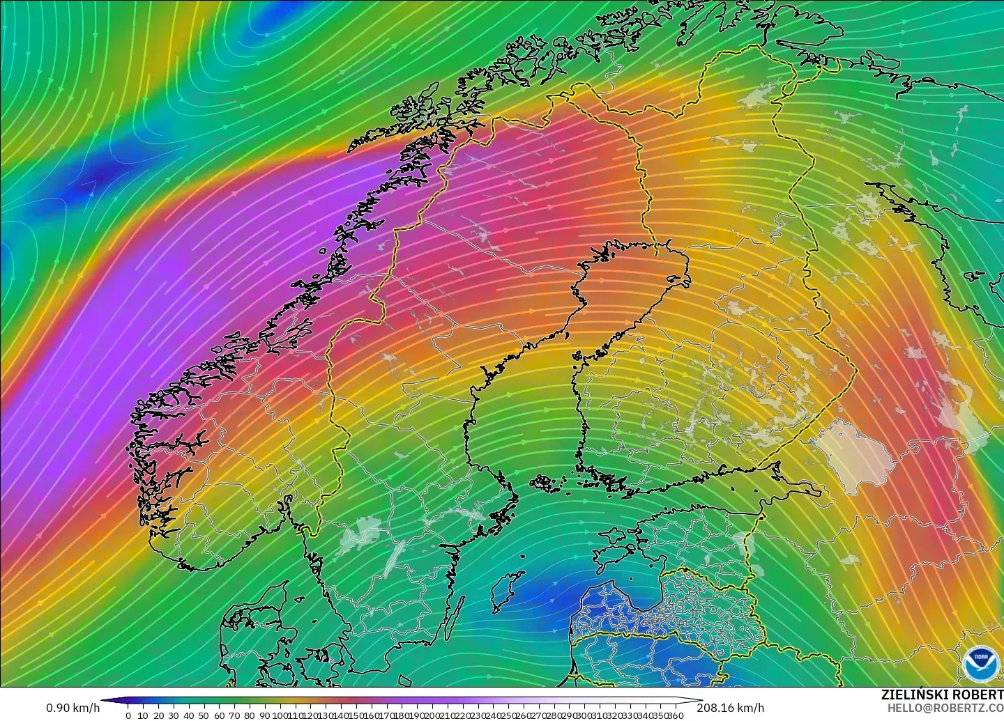 GFS загвар - Скандинав, Салхи 300 hPa (түншил)