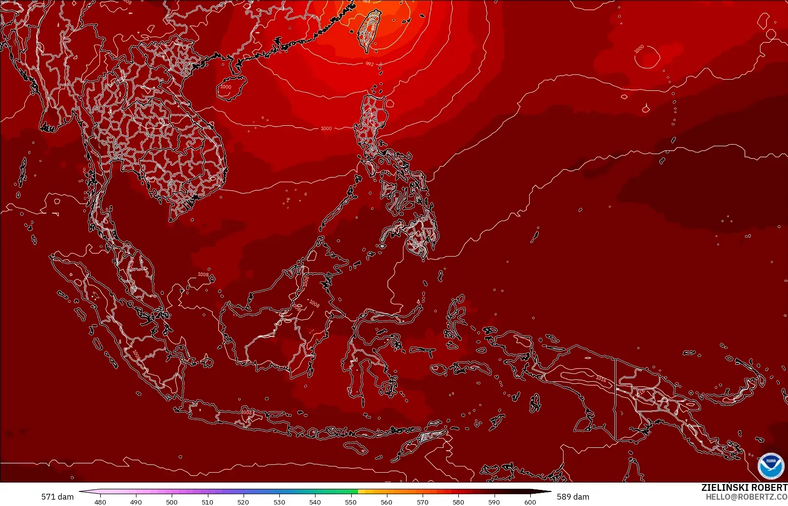 GFS загвар - Өмнөд-Зүүн Ази, 500 гПа дахь геопотенциал өндөр