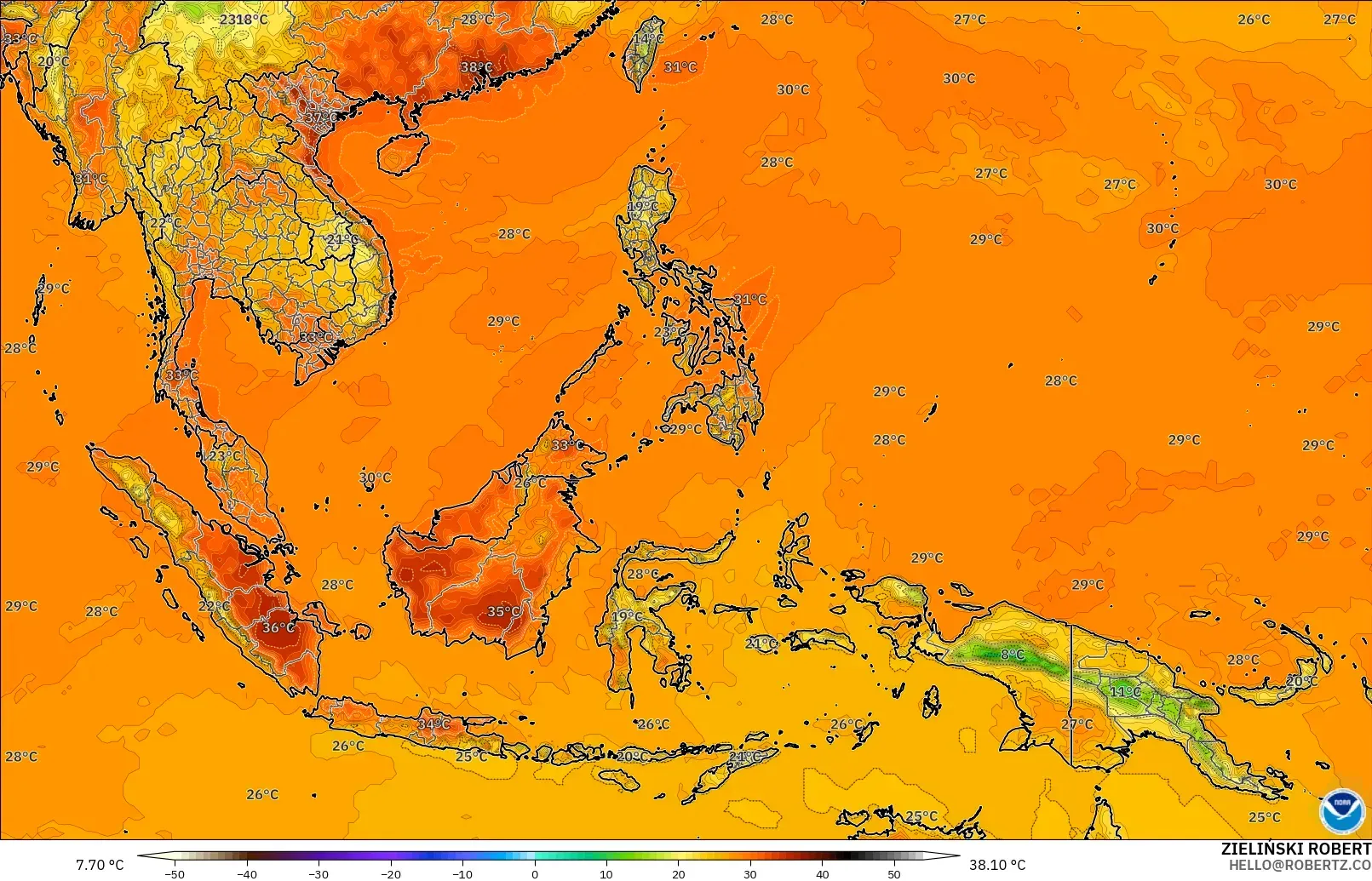 GFS загвар - Өмнөд-Зүүн Ази, Температур 2 м