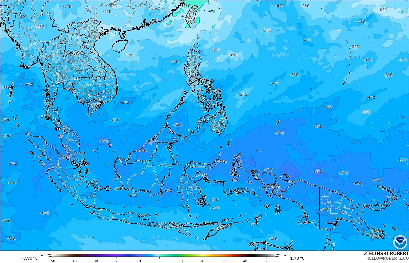 GFS загвар - Өмнөд-Зүүн Ази, Температур 500 hPa