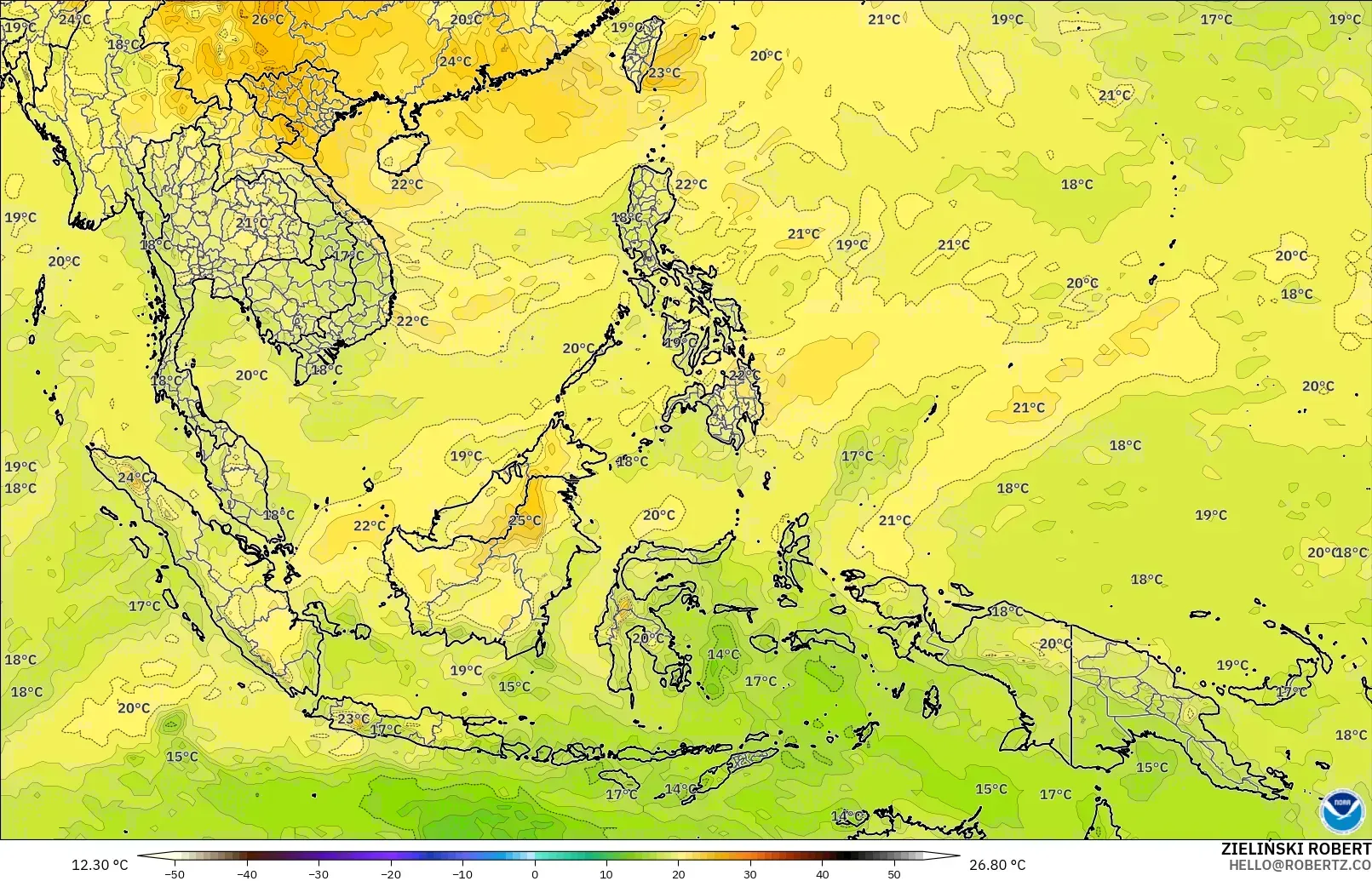 GFS загвар - Өмнөд-Зүүн Ази, Температур 850 hPa