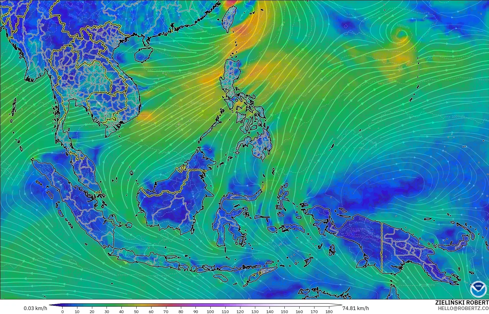GFS загвар - Өмнөд-Зүүн Ази, Салхи 10 м