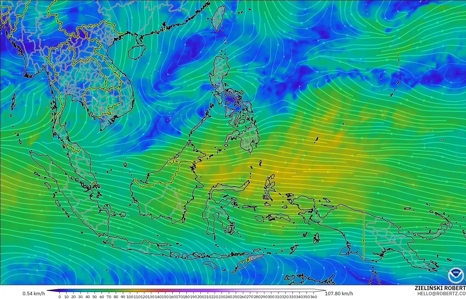 GFS загвар - Өмнөд-Зүүн Ази, Салхи 300 hPa (түншил)