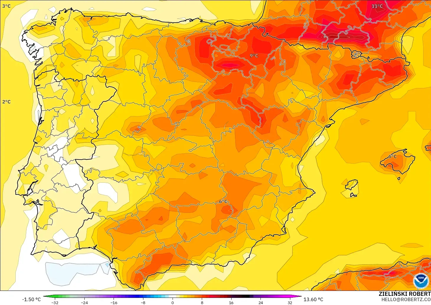 GFS загвар - Испани, 2 м Температурын Хазайлт