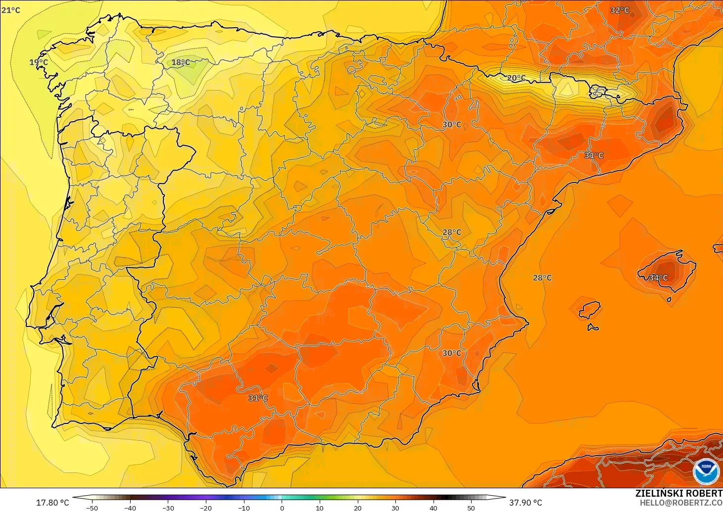 GFS загвар - Испани, Температур 2 м