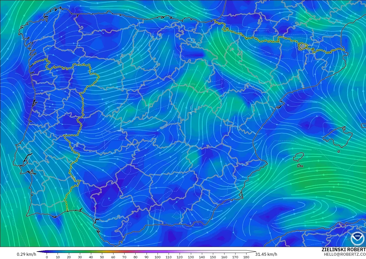 GFS загвар - Испани, Салхи 10 м