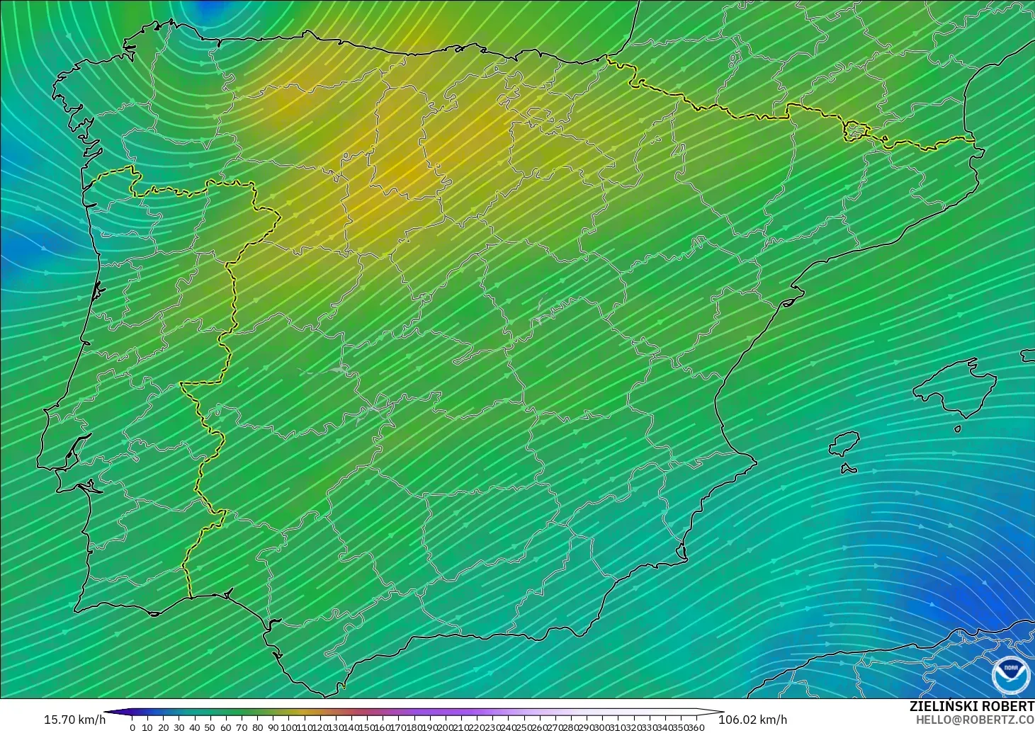 GFS загвар - Испани, Салхи 300 hPa (түншил)