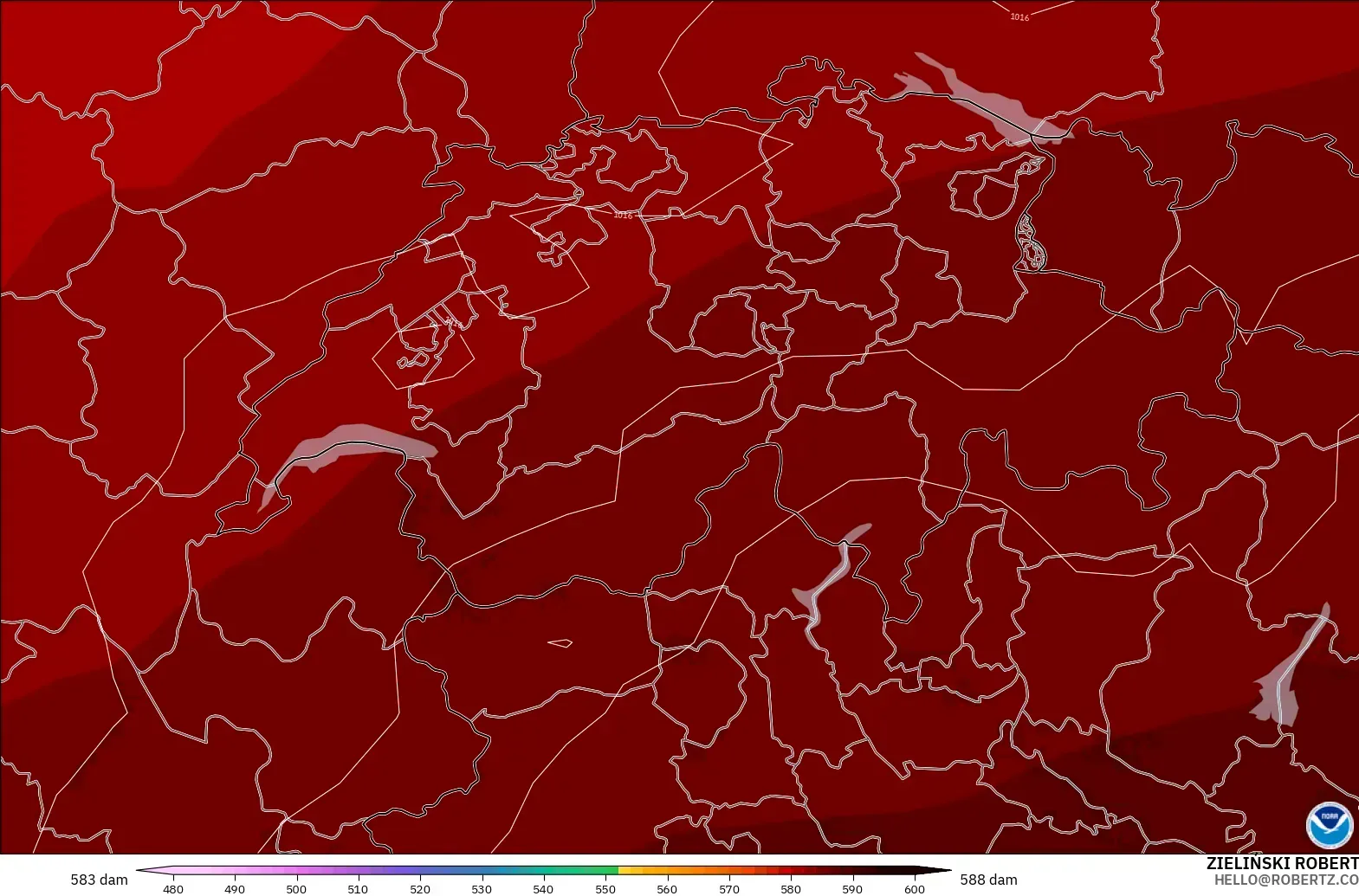 GFS загвар - Швейцар, 500 гПа дахь геопотенциал өндөр