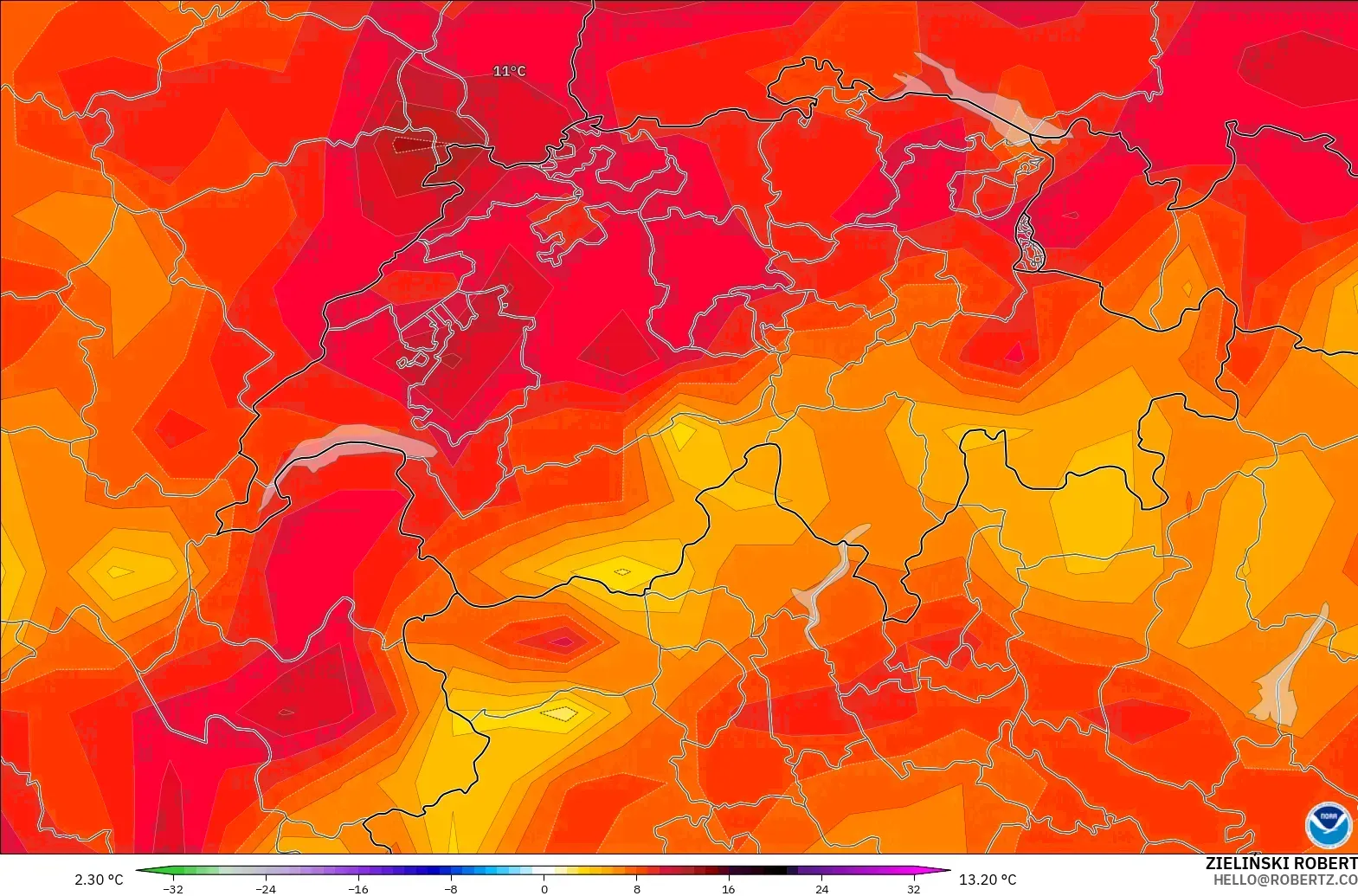GFS загвар - Швейцар, 2 м Температурын Хазайлт