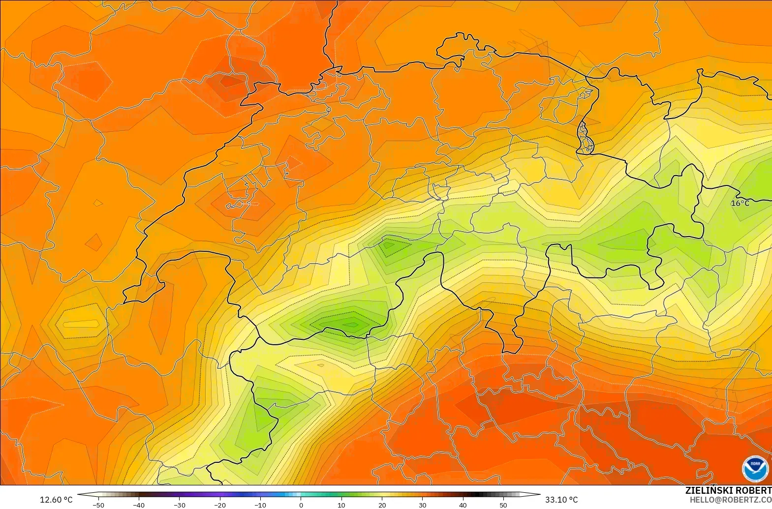 GFS загвар - Швейцар, Температур 2 м