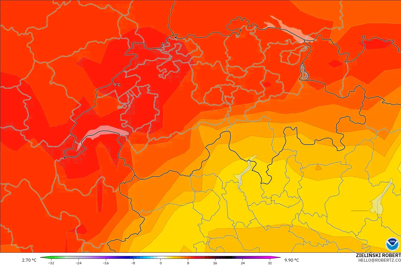 GFS загвар - Швейцар, 850 hPa Температурын Хазайлт