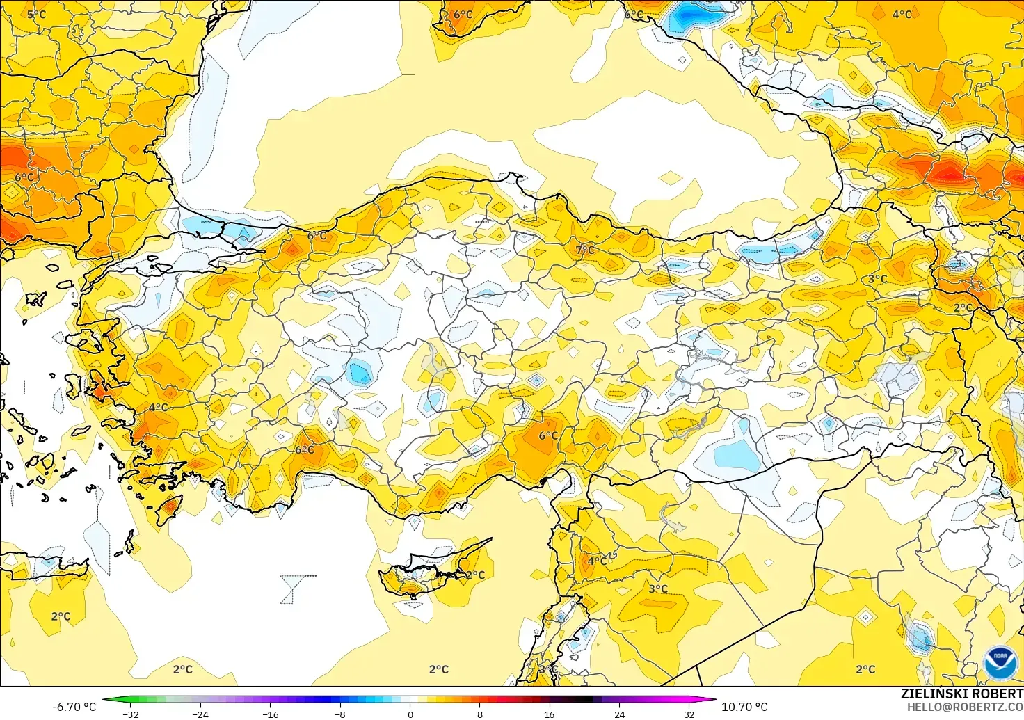 GFS загвар - Турк, 2 м Температурын Хазайлт