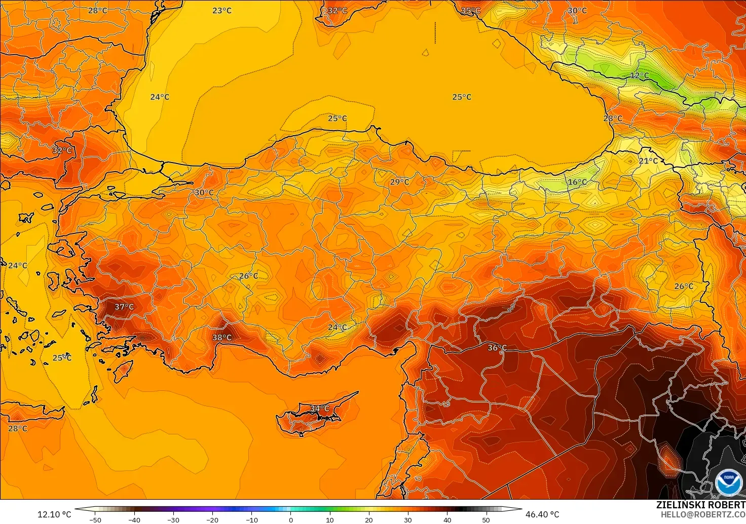 GFS загвар - Турк, Температур 2 м