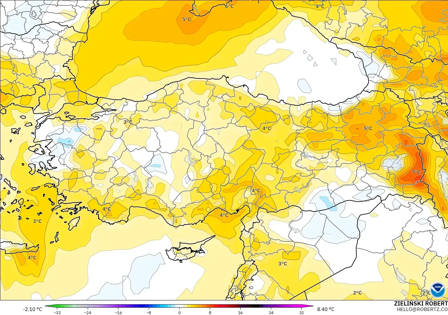 GFS загвар - Турк, 850 hPa Температурын Хазайлт