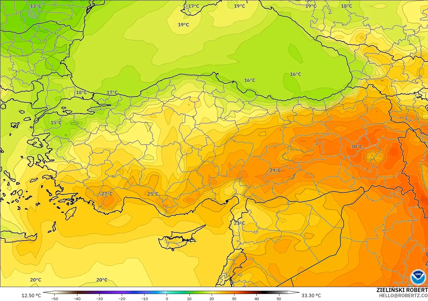 GFS загвар - Турк, Температур 850 hPa