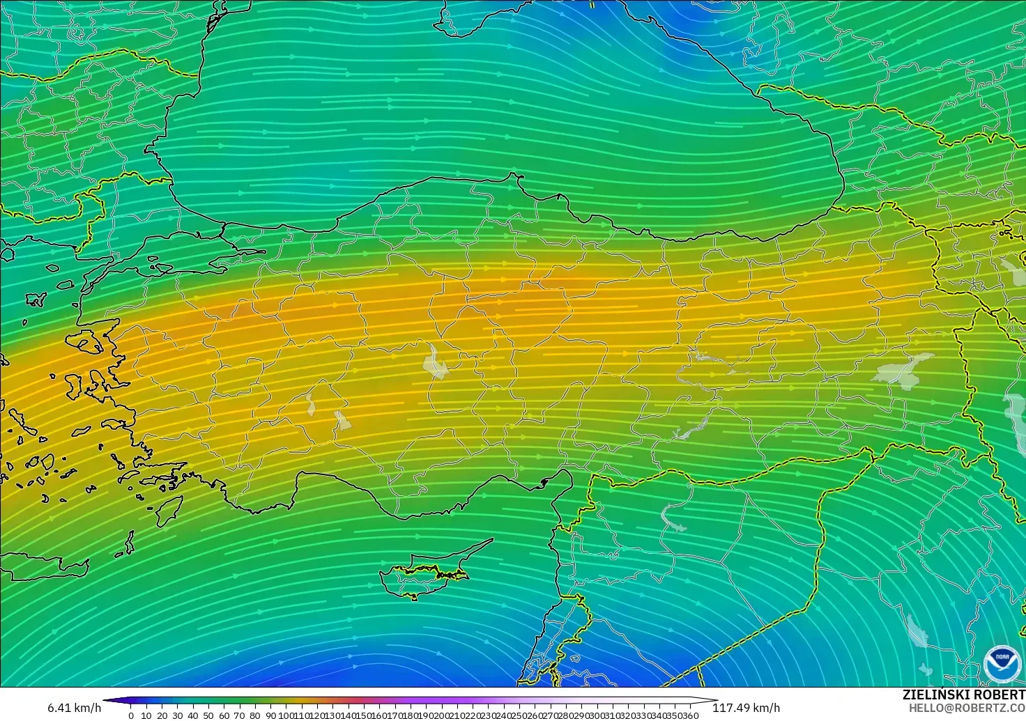 GFS загвар - Турк, Салхи 300 hPa (түншил)