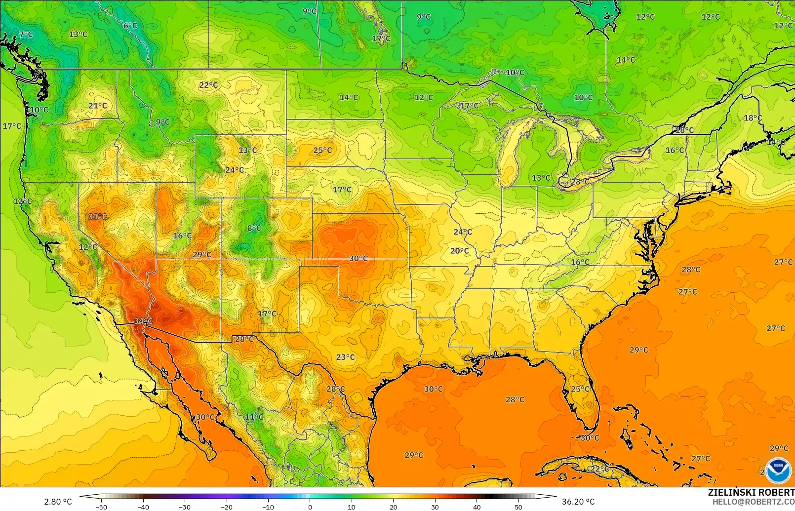 GFS загвар - АНУ, Температур 2 м