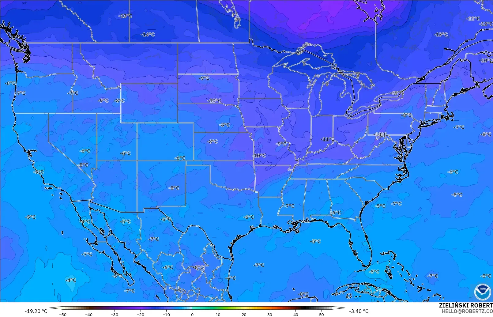 GFS загвар - АНУ, Температур 500 hPa