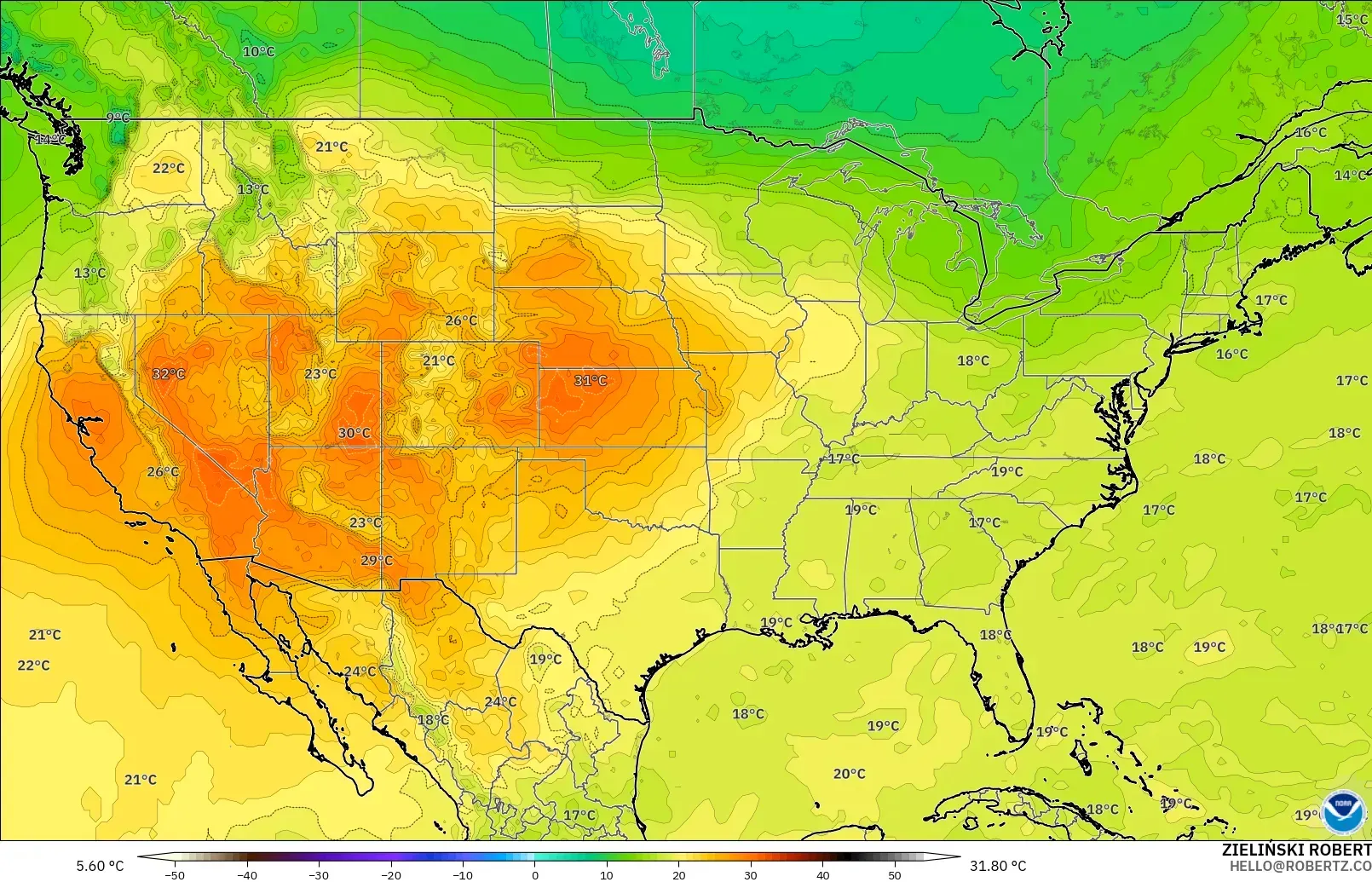 GFS загвар - АНУ, Температур 850 hPa