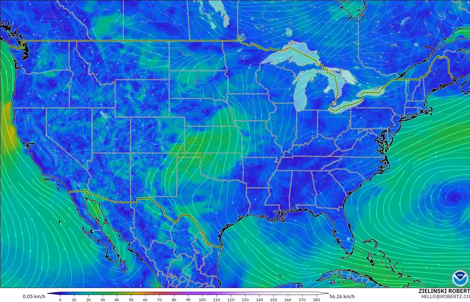 GFS загвар - АНУ, Салхи 10 м