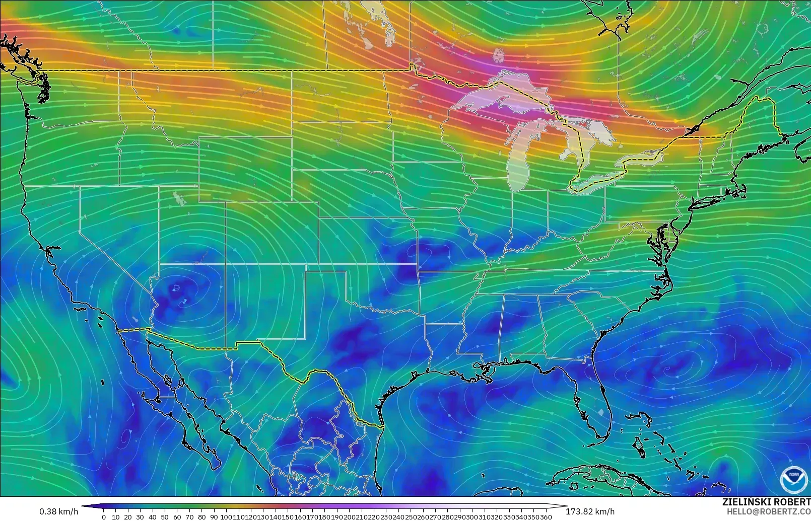 GFS загвар - АНУ, Салхи 300 hPa (түншил)