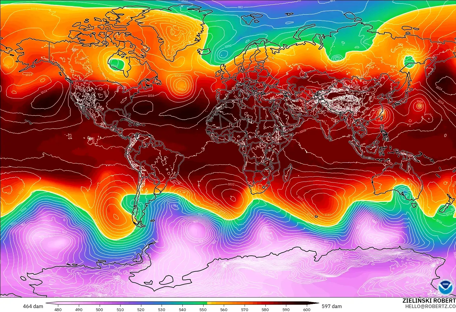 GFS загвар - Дэлхий, 500 гПа дахь геопотенциал өндөр