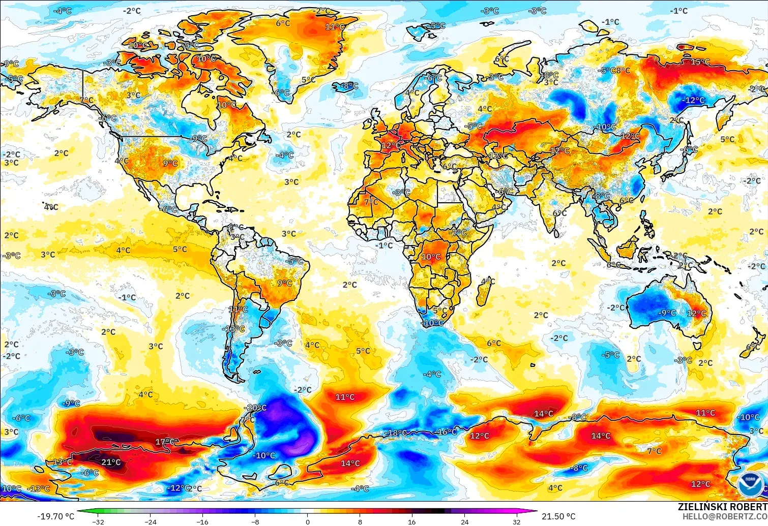 GFS загвар - Дэлхий, 2 м Температурын Хазайлт