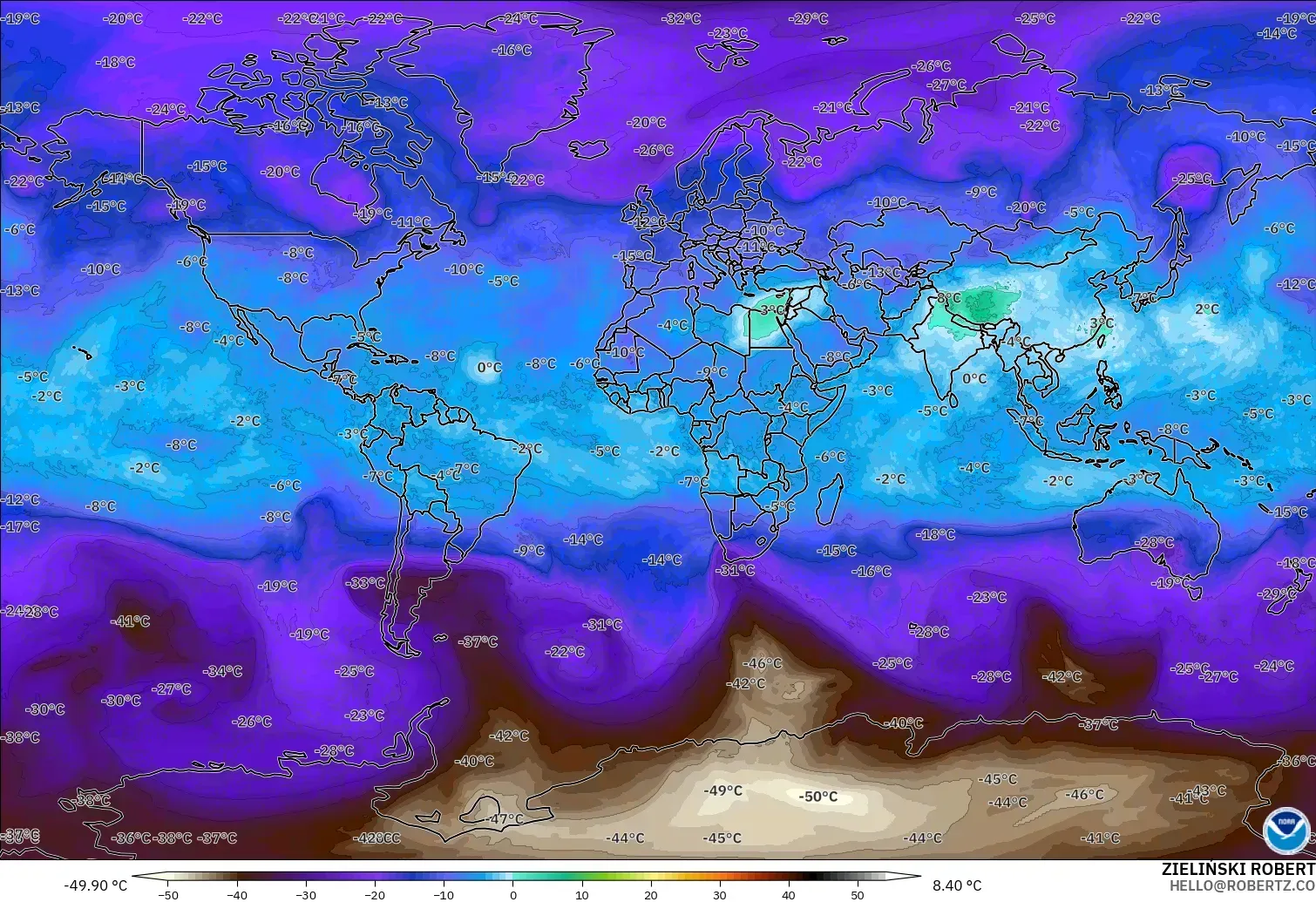 GFS загвар - Дэлхий, Температур 500 hPa