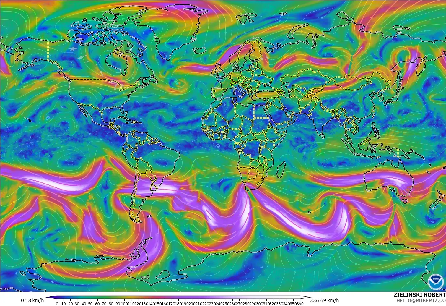 GFS загвар - Дэлхий, Салхи 300 hPa (түншил)