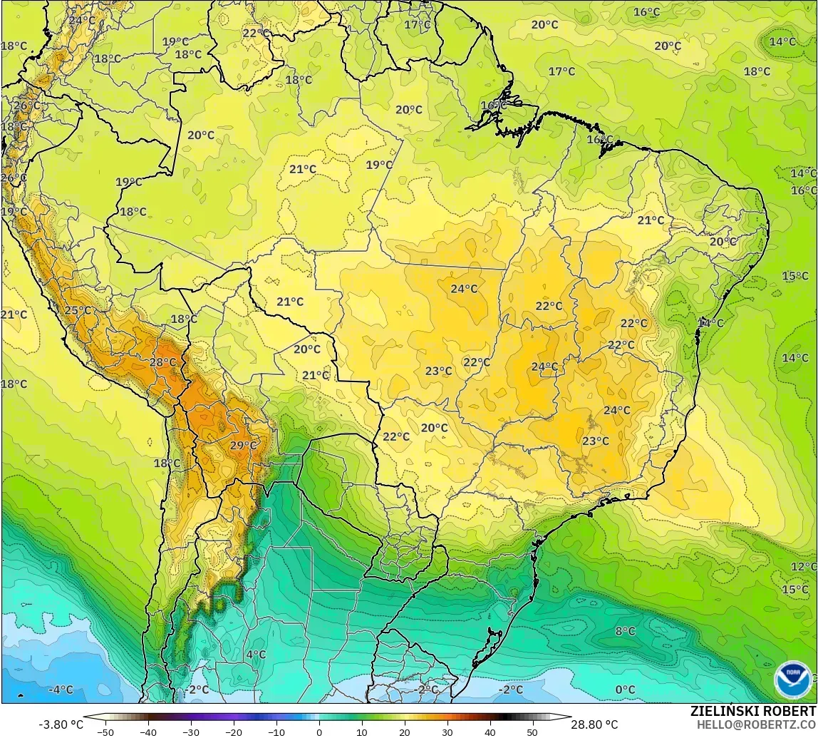 GFS загвар - Бразил, Температур 850 hPa