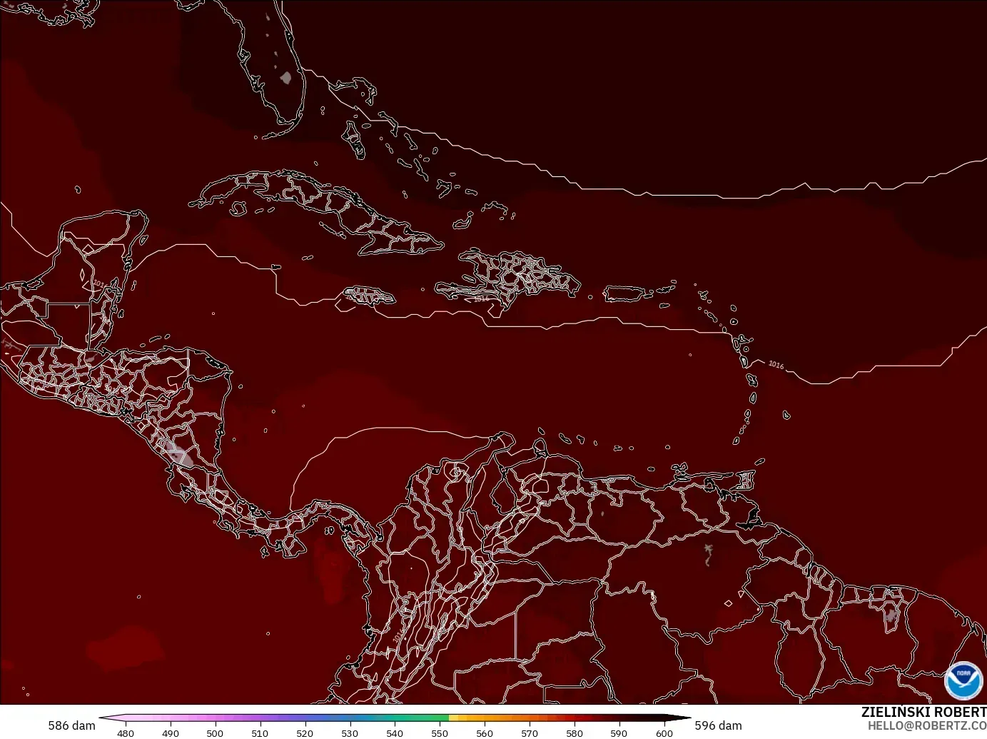 GFS загвар - Карибын тэнгис, 500 гПа дахь геопотенциал өндөр