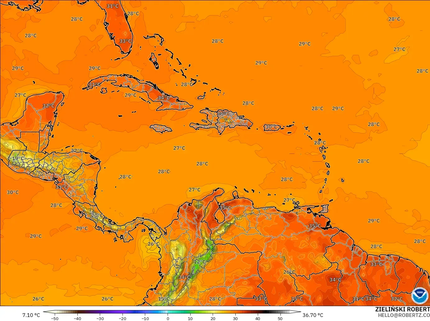 GFS загвар - Карибын тэнгис, Температур 2 м