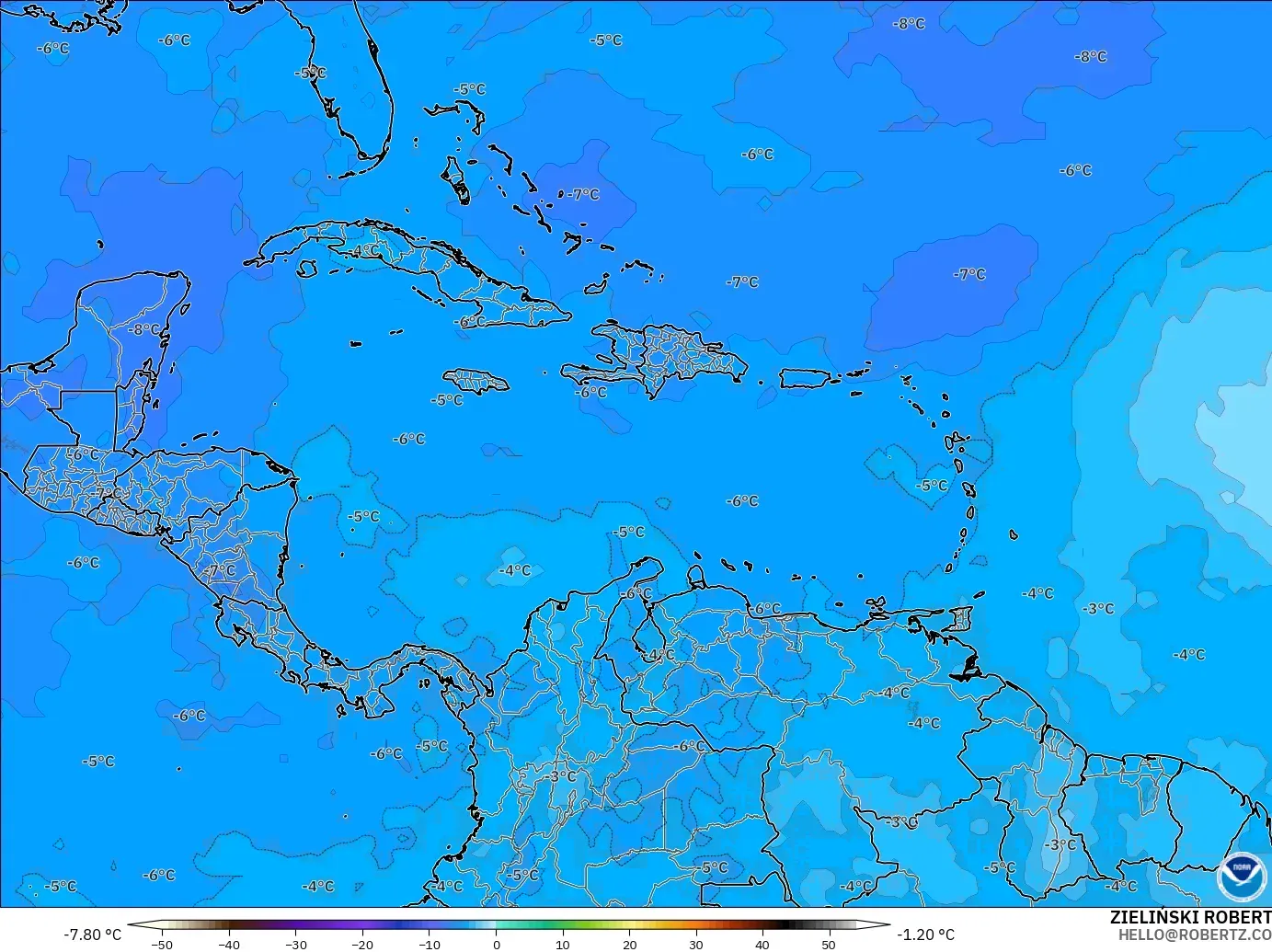 GFS загвар - Карибын тэнгис, Температур 500 hPa